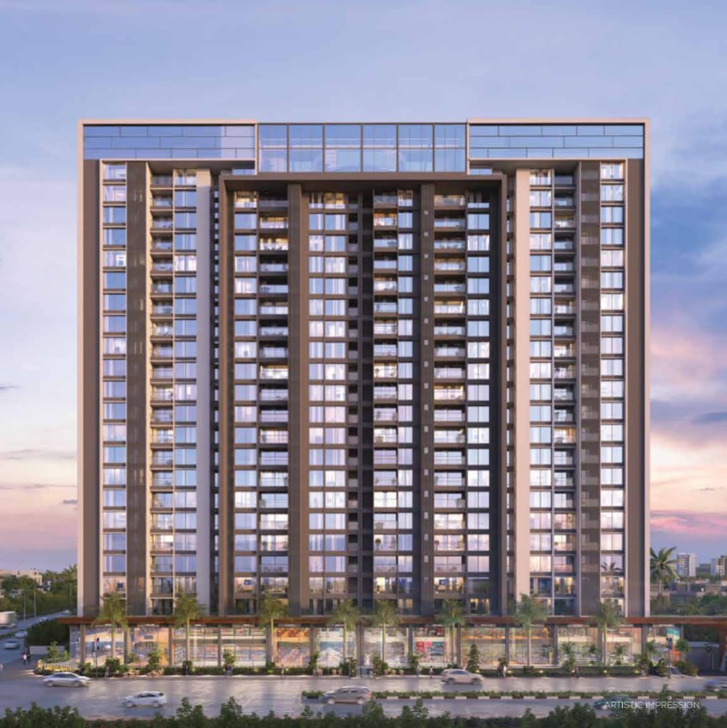 Front elevation of Majestique Twilight Balewadi featuring modern residential apartments and integrated retail spaces for sale in West Pune.