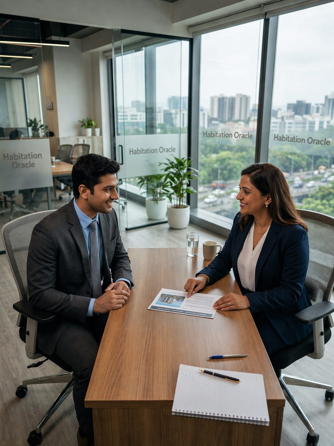 Expert real estate consultant at The Habitation Oracle providing a personalized property investment briefing to a client in a West Pune office overlooking the Baner city skyline.