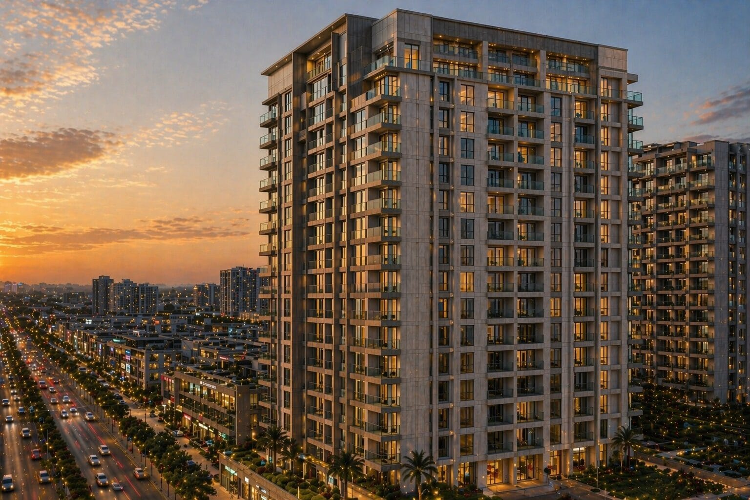 Luxury high-rise residential apartment building in West Pune at sunset, featuring modern architecture and premium flats near Baner-Balewadi high street, curated by The Habitation Oracle.