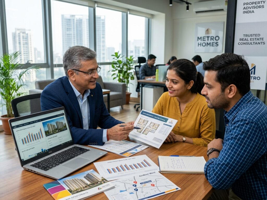 Real estate expert from Habitation Oracle explaining property pricing and cost-saving investment strategies to a couple in Pune.