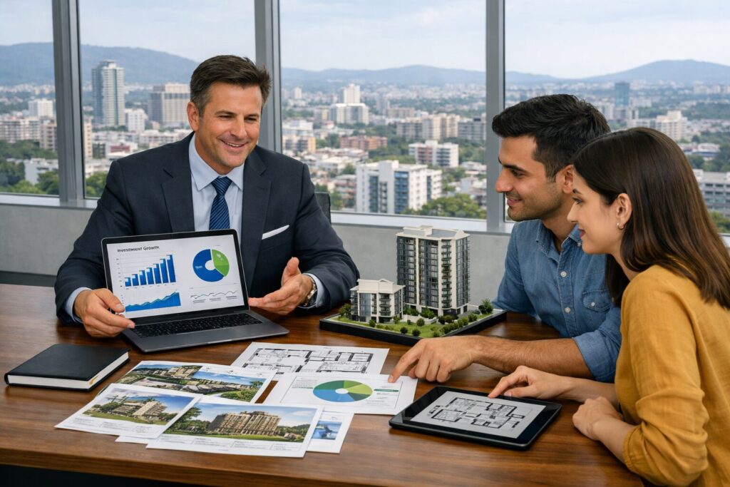 Habitation Oracle property expert presenting real estate investment growth charts and market analysis to clients in West Pune.