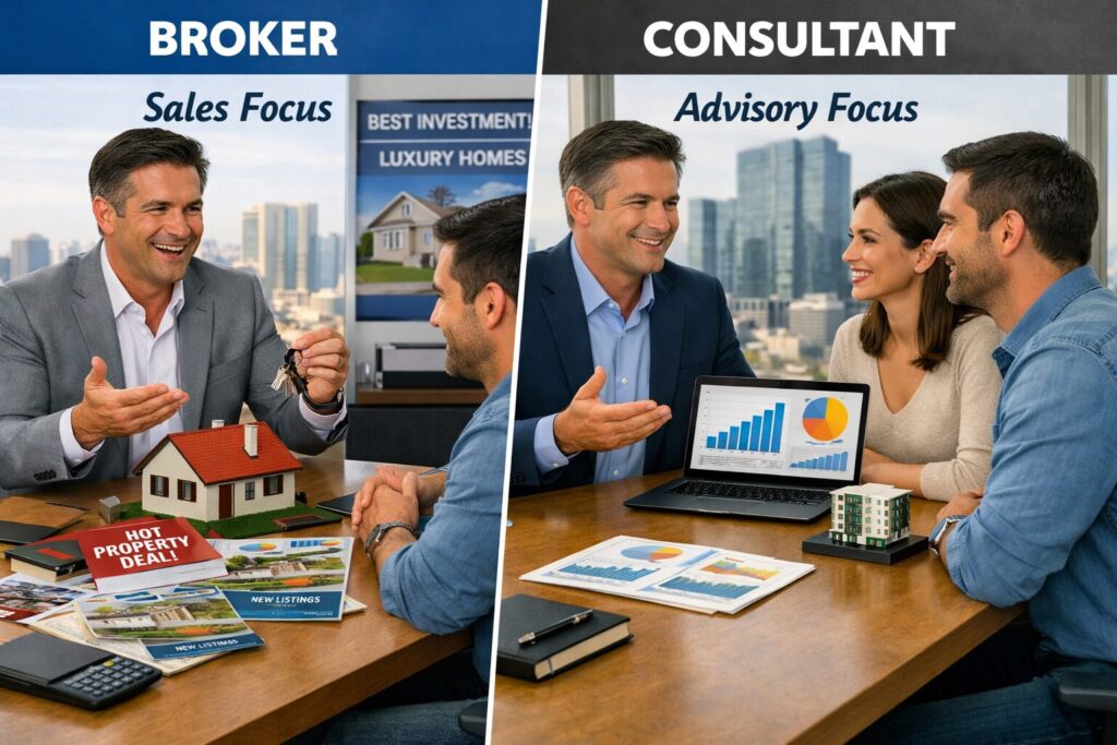 Comparison between a sales-focused broker and an advisory-focused real estate consultant at Habitation Oracle, Pune.