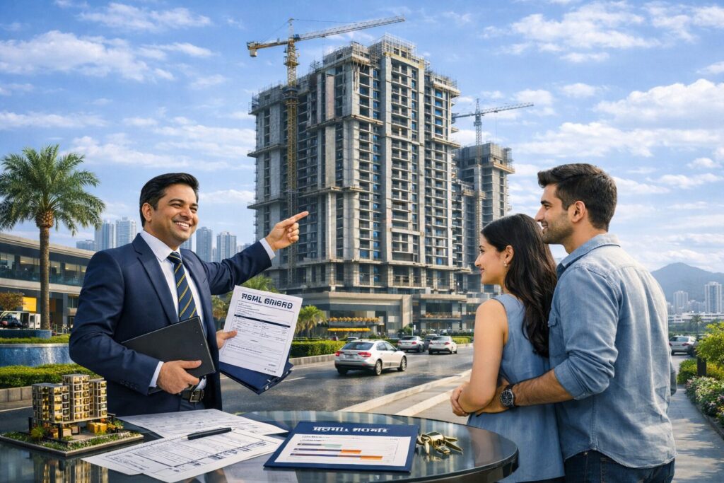 Habitation Oracle consultant conducting a project site visit in West Pune with clients to inspect construction quality.