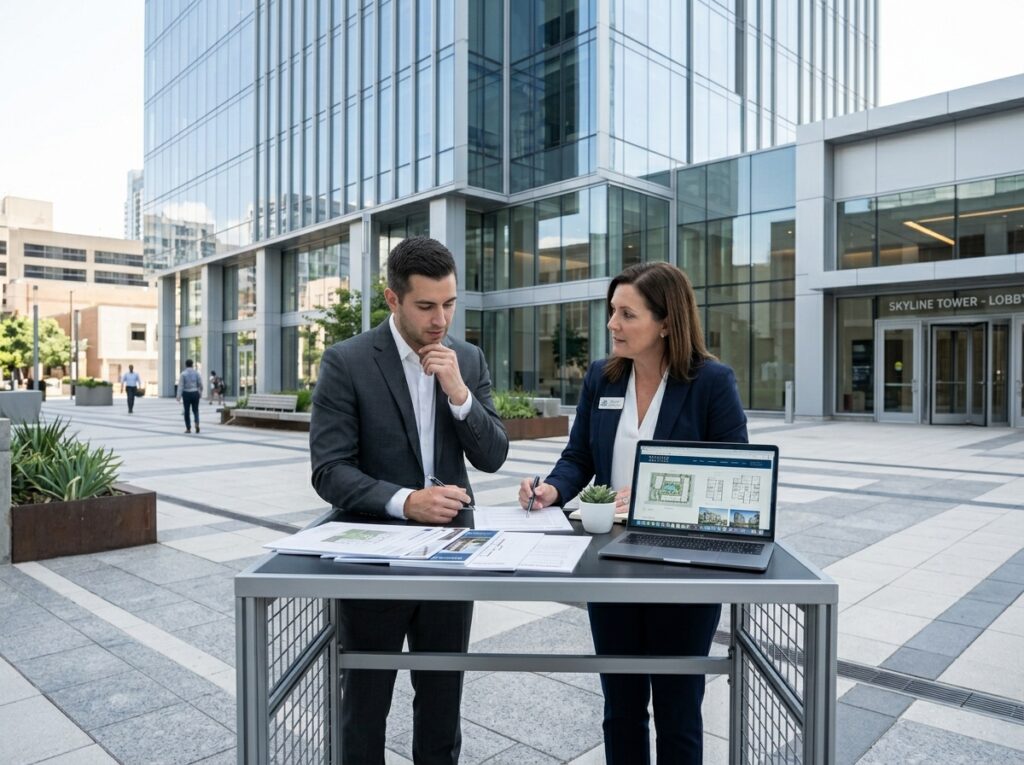 Habitation Oracle consultant explaining a property buyer guide and legal checklist to a client at a premium project site in West Pune.