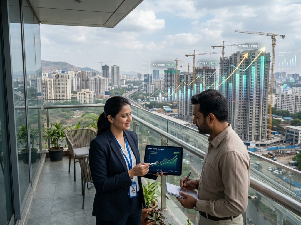 Habitation Oracle consultant analyzing Pune property price trends and market index growth with a real estate investor.