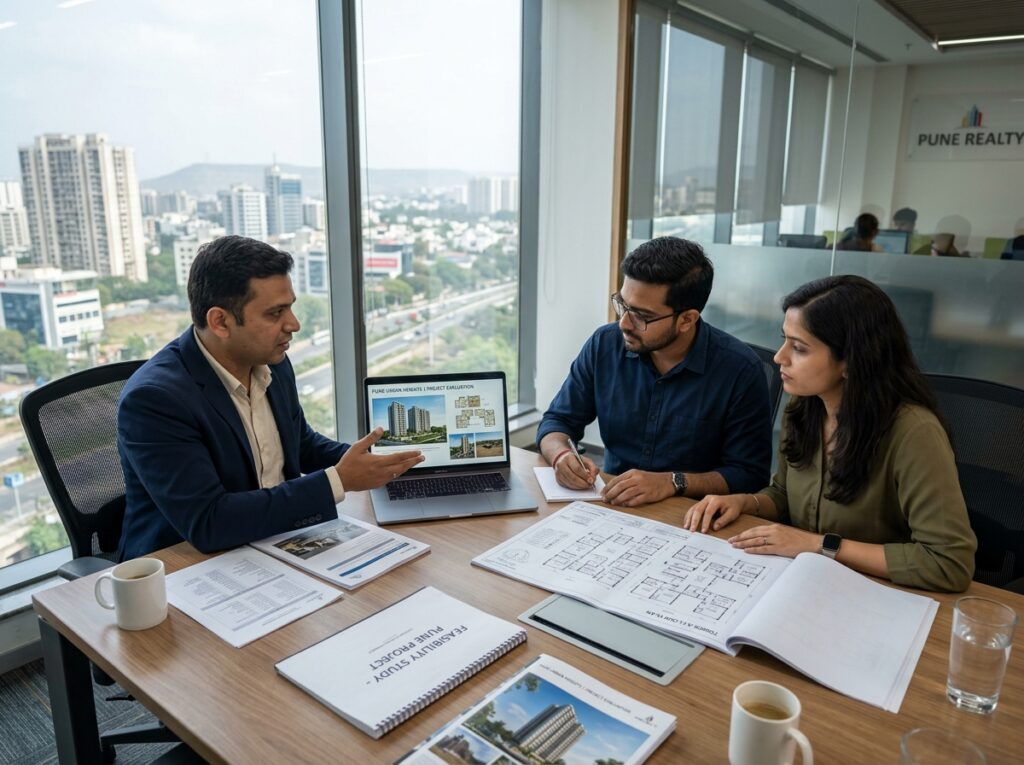 Expert real estate consultant at Habitation Oracle helping clients evaluate builder credentials and residential project layouts in Pune.