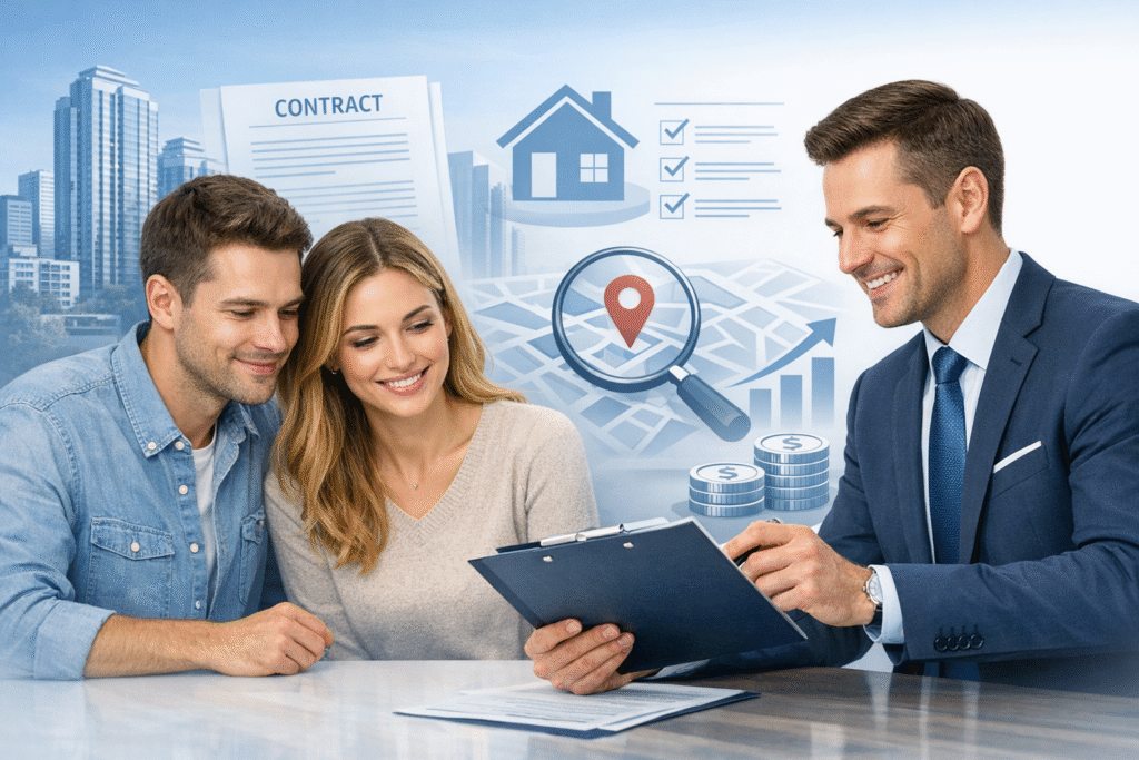 Real estate consultant from Habitation Oracle explaining the home buying process and essential legal questions to a couple in Pune.