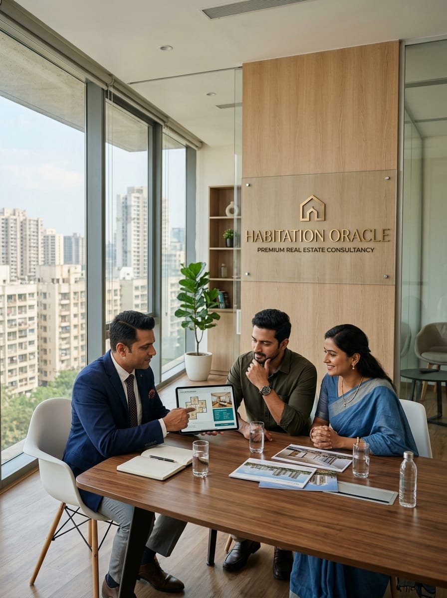 Residential property experts at The Habitation Oracle West Pune office explaining floor plans and luxury home features to clients, with a view of the Pune city skyline in the background.