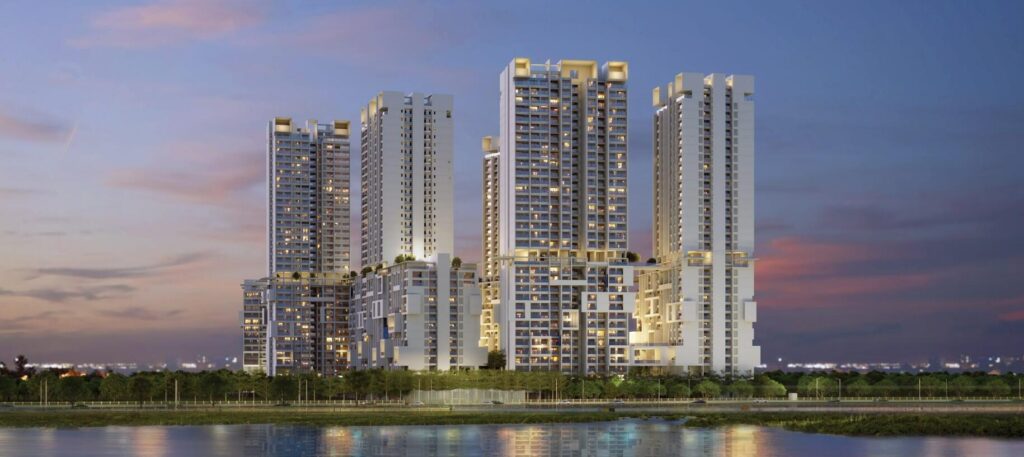 Evening perspective of Rohan Ekam Balewadi by Rohan Builders, a premium high-rise residential complex featuring luxury 2, 3, and 4 BHK under-construction apartments, presented by authorized channel partner Habitation Oracle Pvt Ltd in Pune.